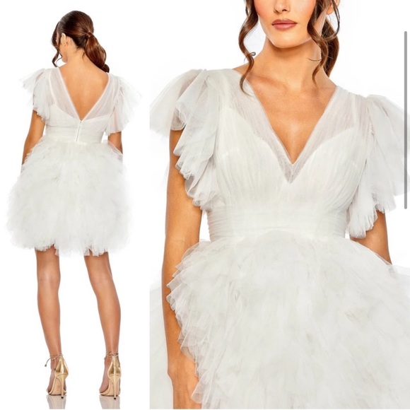 Mac Duggal 20505 Flutter Ruffle Sleeve Tiered Mini Dress Size 2 NWT White - Picture 2 of 7